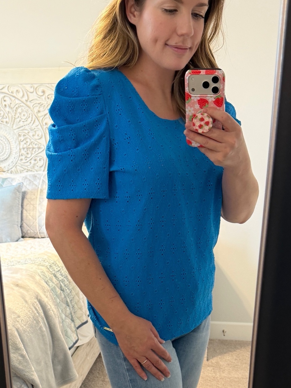 Anne Klein Bright Blue Puff Sleeve Eyelet Top